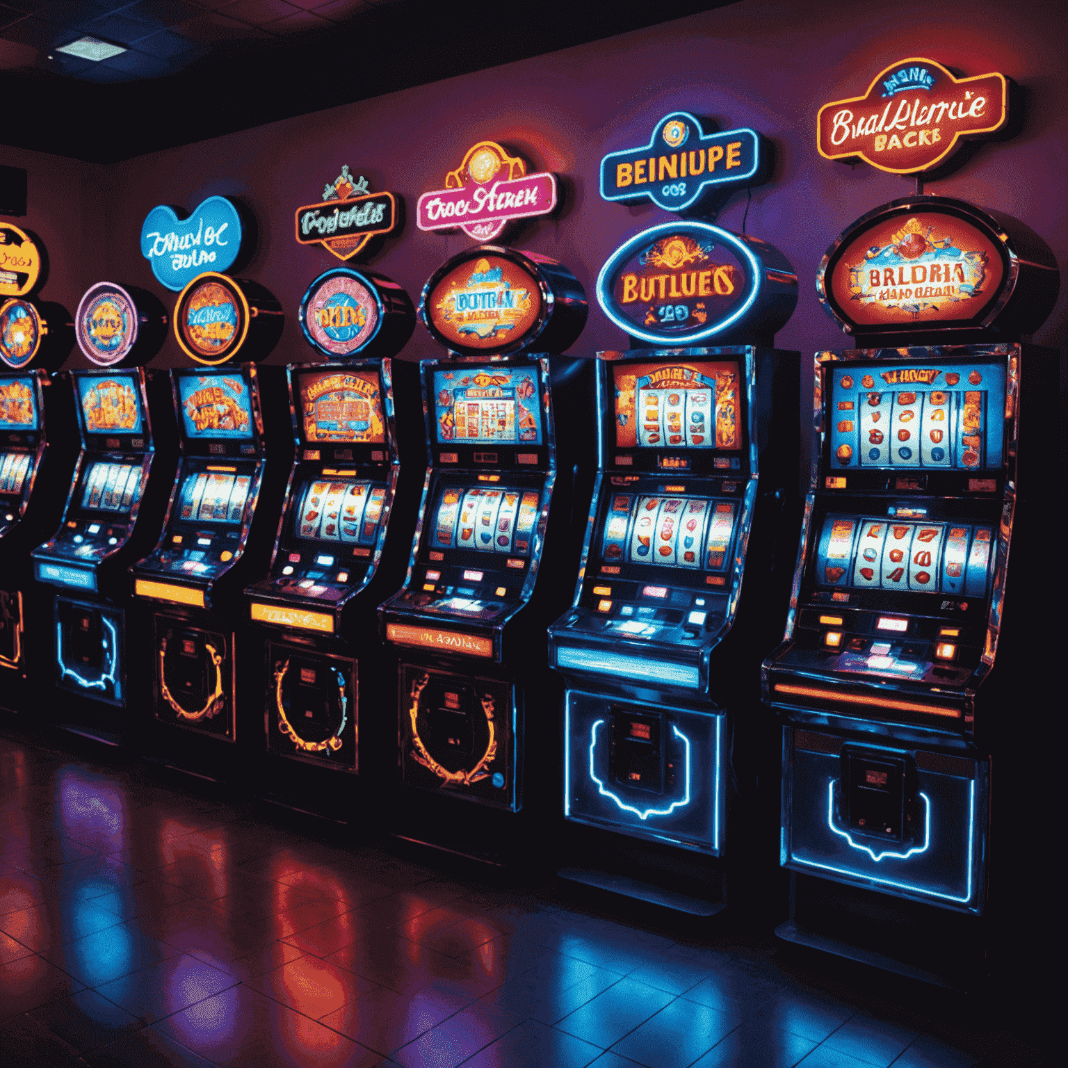 Five slot machines with bright neon lights, displaying beginner-friendly symbols and simple paylines