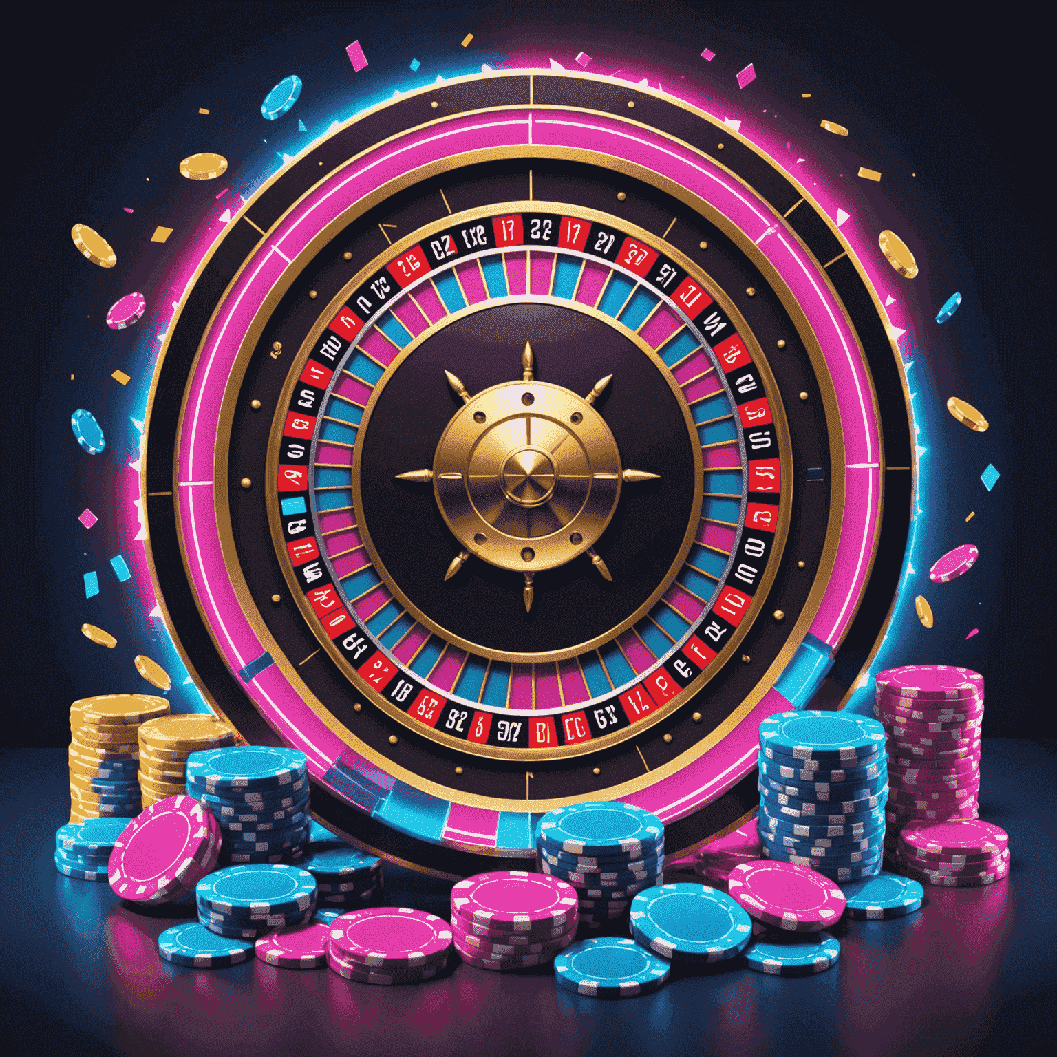 A stylized roulette wheel with neon pink and blue highlights, surrounded by chips and fun casino elements