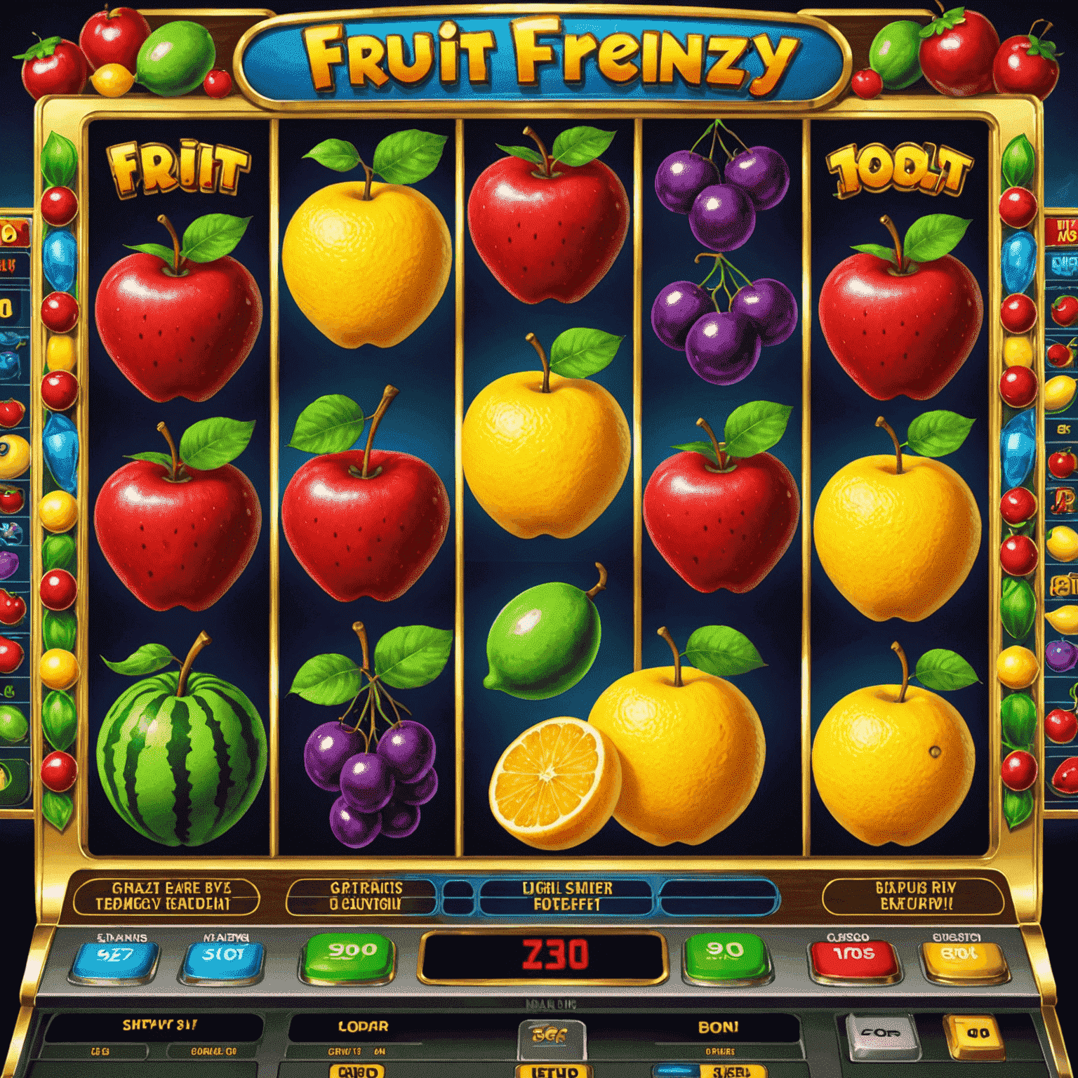 Fruit Frenzy slot game showcasing various fruit symbols like cherries, lemons, and watermelons on a classic slot machine interface